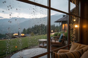 Fototapeta premium Rain Falling on Glass Window Overlooking Mountain Landscape Generative AI