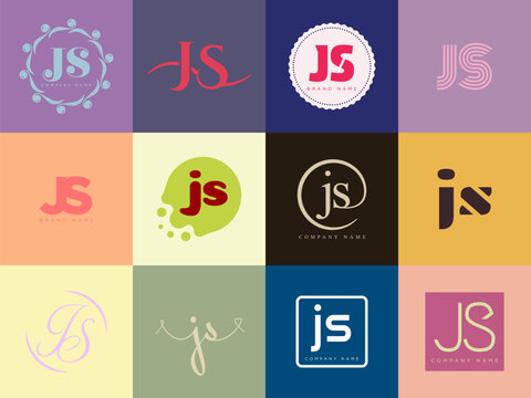JS logo company template. Letter j and s logotype. Set different classic serif lettering and modern bold text with design elements. Initial font typography.