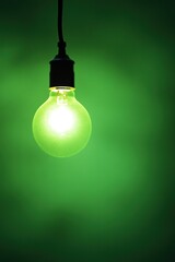 Glowing green light bulb on dark green background