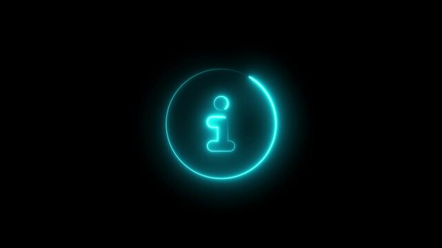 Neon symbol circle info icon cyan color glowing animation with black background