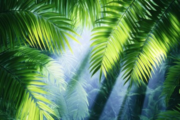 Naklejka premium Lush misty jungle with towering palm trees and sunlight filtering through dense foliage creates a tranquil and mystical atmosphere