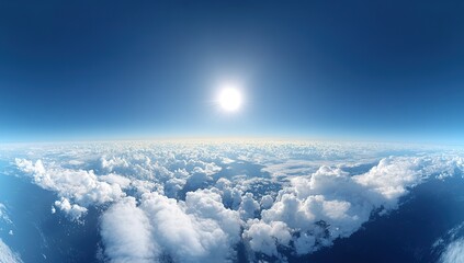 Blue sky with white clouds, panoramic view, wide-angle lens, bright sunshine,