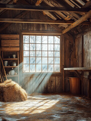 Sunlit rustic barn interior with hay and wooden beams.