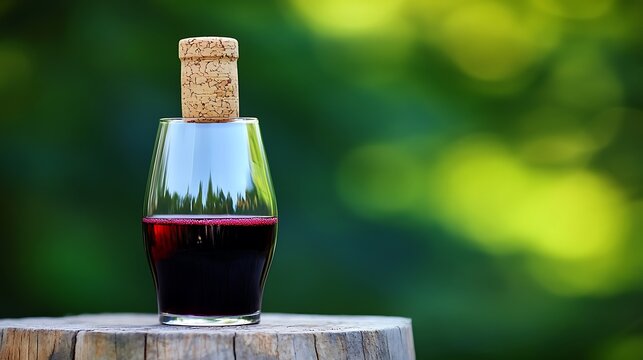 Crimson elixir in a stemless glass with a rustic cork, garden backdrop
