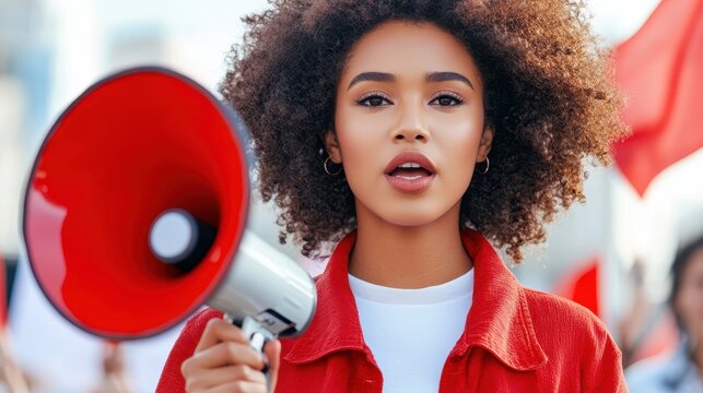 Voice of Change: A striking portrait of a confident woman, commanding attention with a megaphone in hand, ready to amplify her message and inspire action.