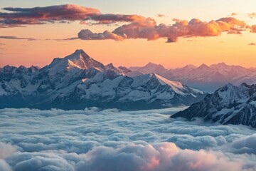 Majestic Mountain Peaks Rising Above a Sea of Clouds at Sunset Generative AI