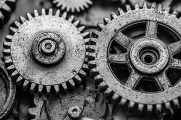 Close-up of interconnected metallic gears, showing intricate details and wear.