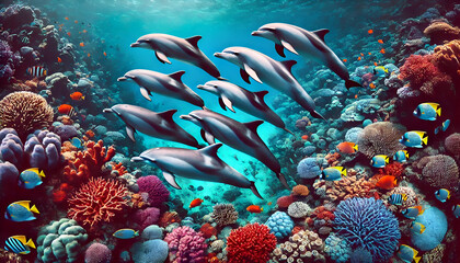 Fototapeta premium A group of dolphins swimming together in crystal-clear waters, surrounded by colorful coral reefs