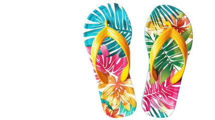 Colorful flip-flops with tropical pattern on transparent background