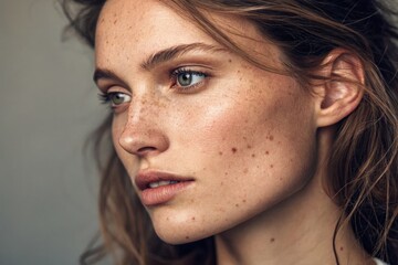 Fototapeta premium Youthful Woman With Freckles Posing in Soft Lighting Generative AI