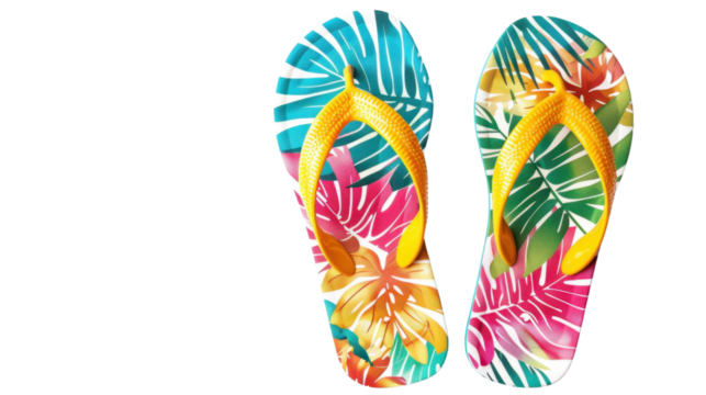 Colorful flip-flops with tropical pattern on transparent background