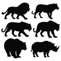 Naklejka premium Silhouettes of a Lion, Tiger, Bear and a Rhinoceros with white background