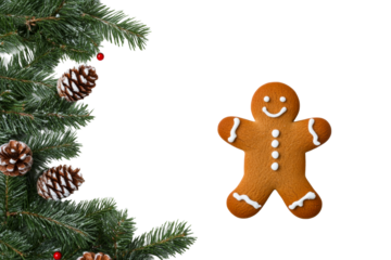 Gingerbread man with Christmas tree branch decor , cut out transparent
