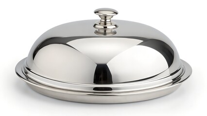 A shiny, silver-colored serving dish with a domed lid is presented against a clean, white background