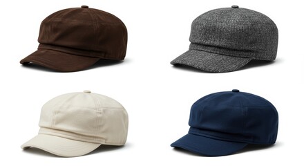 Variety of flat caps in different colors, representing fashion accessories