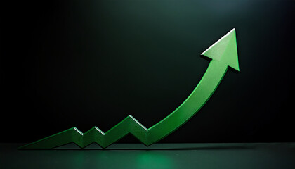 Green arrow rising up on dark backdrop. Business and market growth concept.