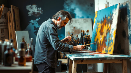 A man painting on an easel in an art studio