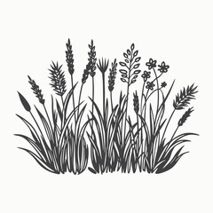 Fototapeta premium Hand drawn grass set. Separate tufts of grass, compact bushes, wildflowers and herbs doodle sketch style collection. minimalist head logo, Icon, element. Vector illustration