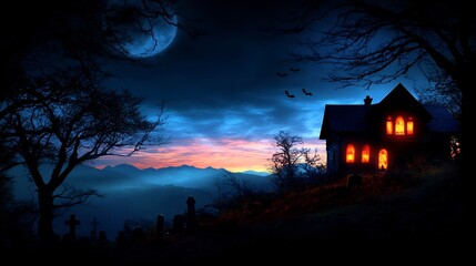 Haunted House on a Hilltop at Night