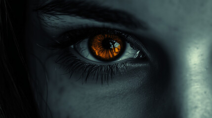 Close-up of a human eye with an orange iris, reflecting a mysterious scene. The image has a dark, moody atmosphere with sharp details