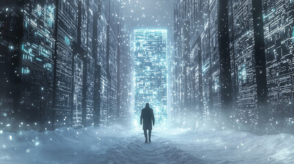 Futuristic cyberpunk scene of a lone figure walking in a snowy digital cityscape with glowing circuit-like skyscrapers