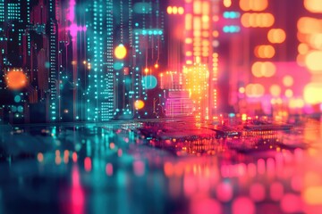 Abstract digital circuit board glowing with vibrant neon lights, creating a futuristic cityscape.