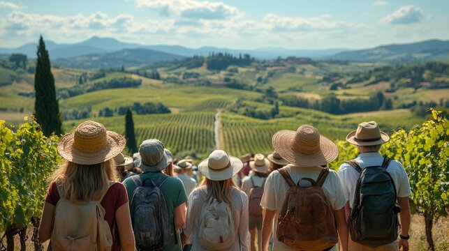 Tourists walking in Chianti vineyards enjoying Tuscany landscape