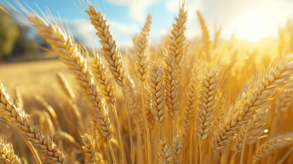 Fototapeta premium Golden wheat fields glowing in warm sunlight.