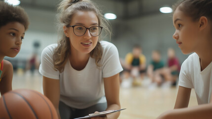 Female basketball coach gesturing while discussing tactics, clipboard in hand, guiding young players during indoor team practice session