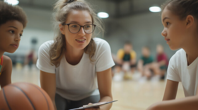 Female basketball coach gesturing while discussing tactics, clipboard in hand, guiding young players during indoor team practice session