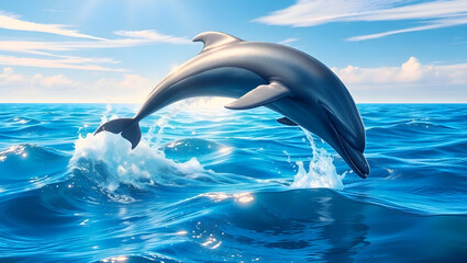 A sleek dolphin gracefully leaps out of the sparkling ocean, its smooth body glistening under the bright, clear sky.