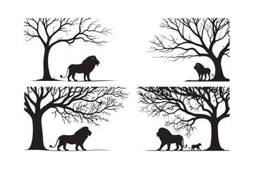 Lion Silhouette Under Tree Wildlife Jungle Vector Illustration  