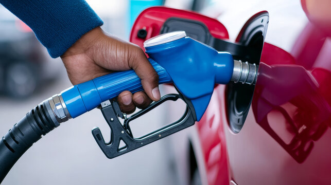 Gripping blue fuel nozzle during refueling process at gas station, hand positioned near red vehicle