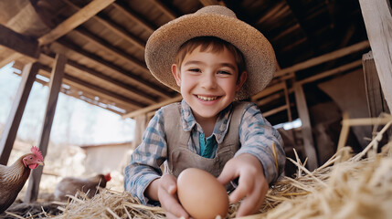 Happy child wearing a straw hat joyfully collecting fresh eggs from a nest inside a vintage chicken coop on a sunny farm day