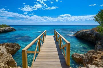 Obraz premium charming timber bridge smoothly blends with its shore setting reflecting ideal balance of man’s craft and care of wild earth finally offering easy reach 