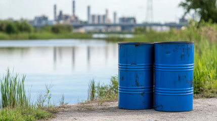 Hazardous waste barrels leaking toxic chemicals into polluted river beside industrial manufacturing facility, contaminating surrounding ecosystem