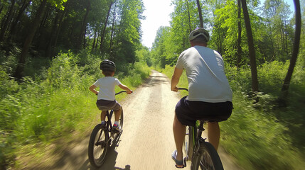 Fototapeta premium Father and son cycling through wooded trail, sharing active moment, connecting during outdoor recreation amid green forest landscape