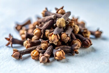 Obraz premium A close-up shot of dried cloves, the aromatic flower buds of the clove tree, piled together on a white background.