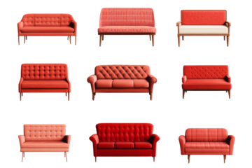 Variety of coral-colored sofas and armchairs, design collection, cut out transparent