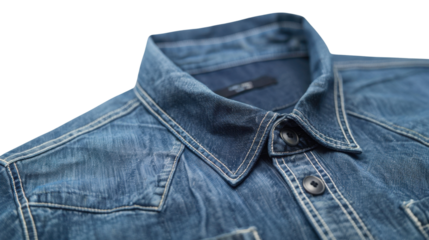 Close-up of denim shirt collar showing stitching and buttons on transparent background