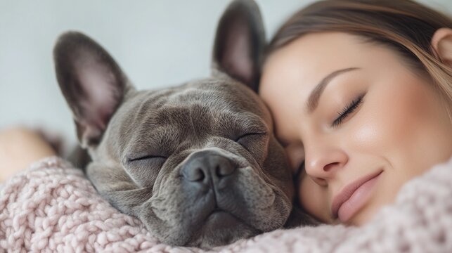 National Pet Day, Peaceful Woman and French Bulldog Puppy Sleeping Together Cozy Knit Blanket