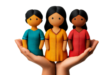 Hand Holding Three Fabric Dolls Depicting Diversity, cut out transparent