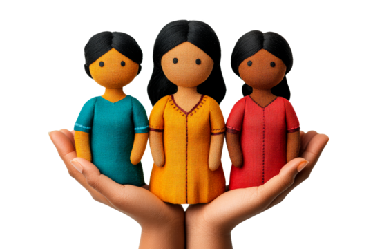 Hand Holding Three Fabric Dolls Depicting Diversity, cut out transparent - Powered by Adobe