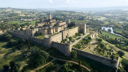 Obraz premium Aerial View Of Ancient Fortress City With Stone Walls And Surrounding Landscape