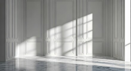 Obraz premium A sophisticated space with marble flooring, white paneled walls, and delicate, artistic shadows, AI Generated