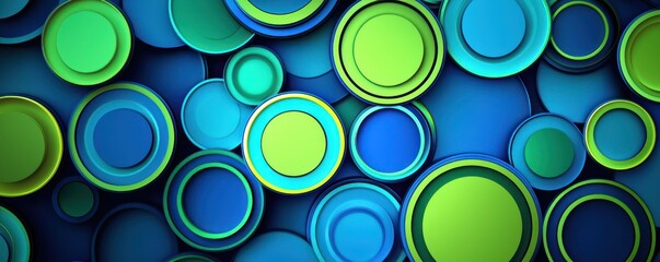 Neon blue and green circles overlapping in an art deco