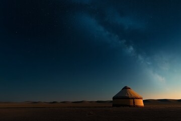 Starlit night over a traditional yurt surrounded by vast, serene desert landscape at dusk, showcasing the beauty of nature Generative AI