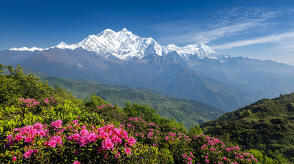 Pink Flowers Mountain Landscape View