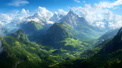 Fototapeta premium Panoramic Mountain Valley Landscape Under Sunny Sky