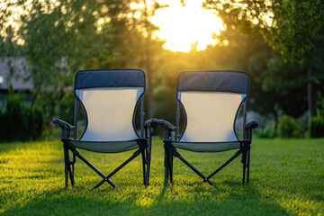 Fototapeta premium Comfortable summer chairs provide relaxation on green grass at sunset